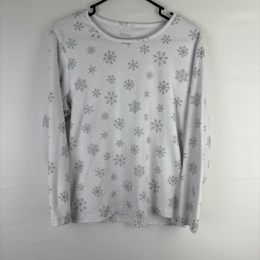 VTG Blair White Sweater Grey Snowflakes Christmas Longsleeve Petite Large